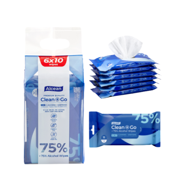 Alcean - Clean + Go 75% Alcohol Classic Wipes 10 sheets - 6 in 1 Bundle Pack