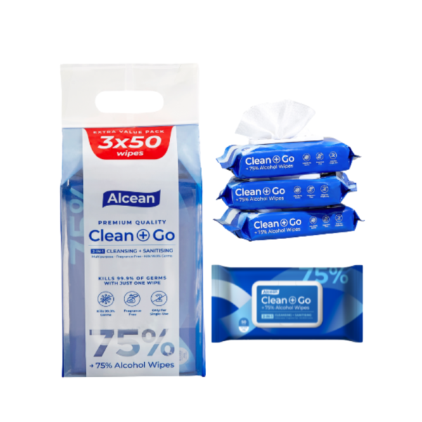 Alcean - Clean+Go 75% Alcohol Classic Wipes 50 sheets - 3 in 1 Bundle Pack