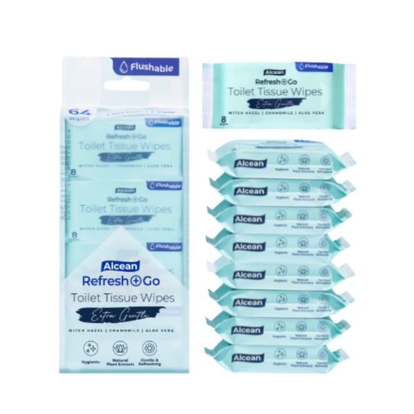 Alcean - Clean+Go Toilet Tissue Wipes - 8 sheets - 8 in 1 Bundle Pack